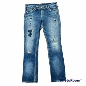 Silver Jeans Aiko Baby Boot Cut Jeans Distressed Embroidered Pockets Women’s 16